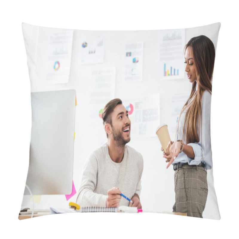 Personality  Multiethnic Business People Discussing New Marketing Strategy At Workplace In Office Pillow Covers