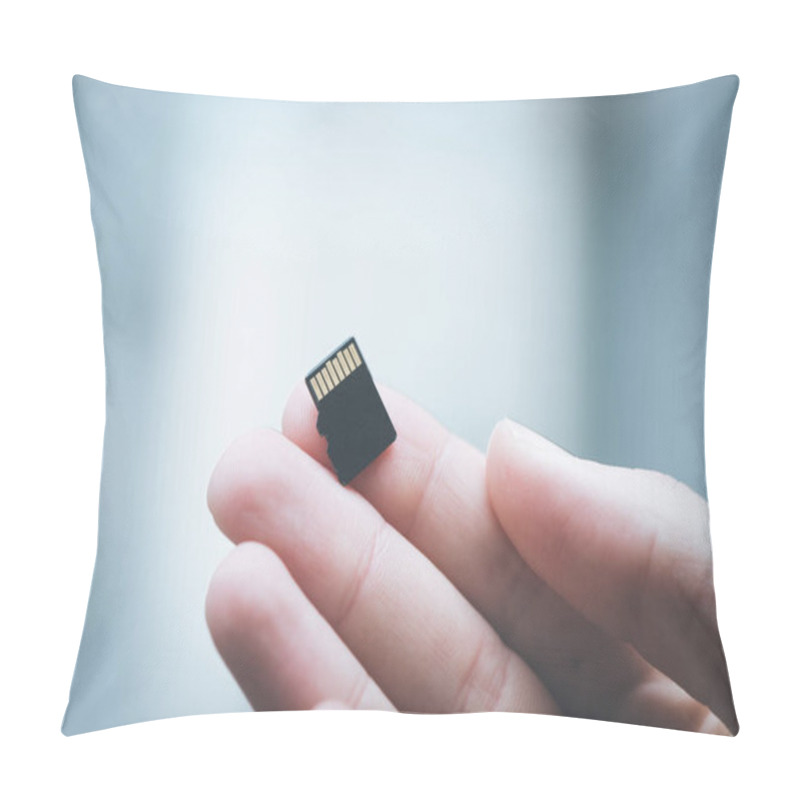 Personality  Young Man Is Holding A Tiny Memory Card In His Hand, Text Space Pillow Covers