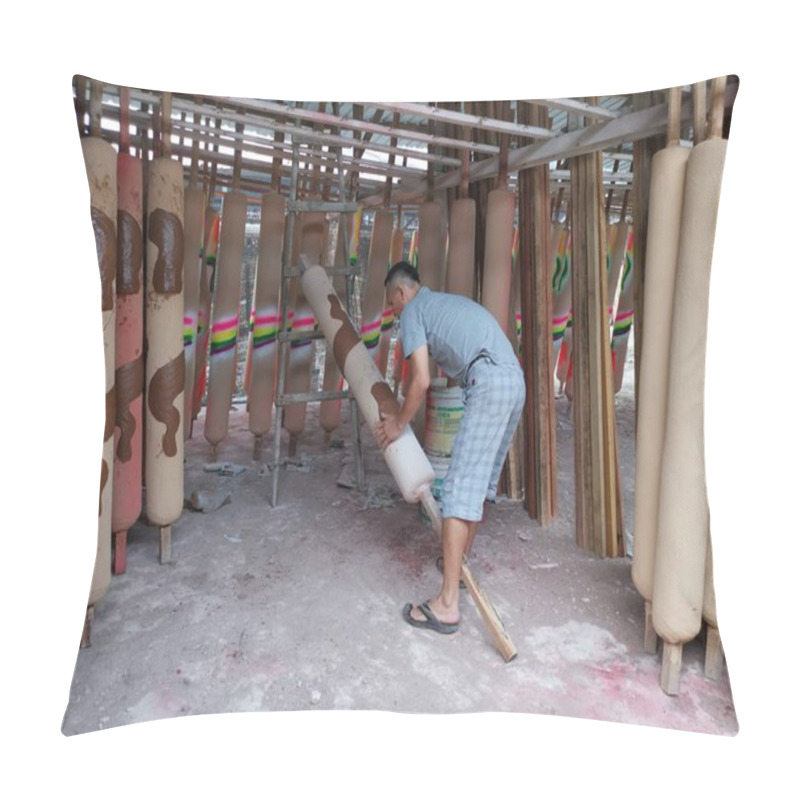 Personality  Perak, Malaysia. September 13,2019: Scene Of Man Working In Joss Stick Or Incense Processing Or Manufacturing Industry Located At Kg Koh New Village. Pillow Covers