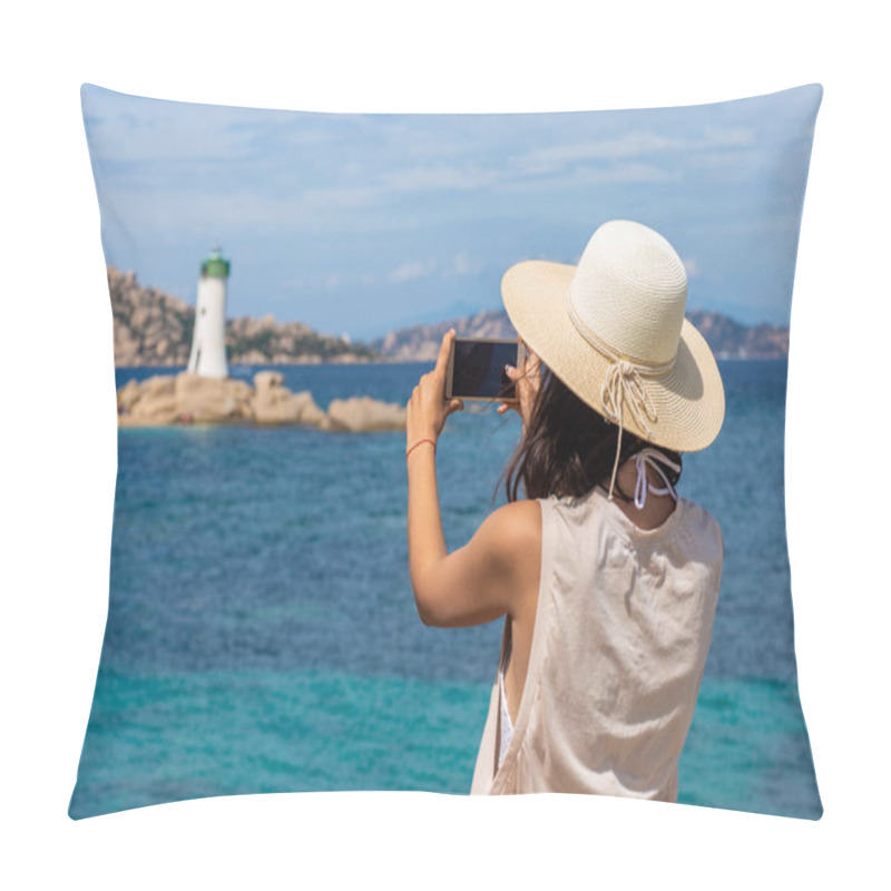 Personality  Young Traveler Woman Making Photo With Mobile Phone Camera Of Lighthouse In Italy. Travel Concept Pillow Covers