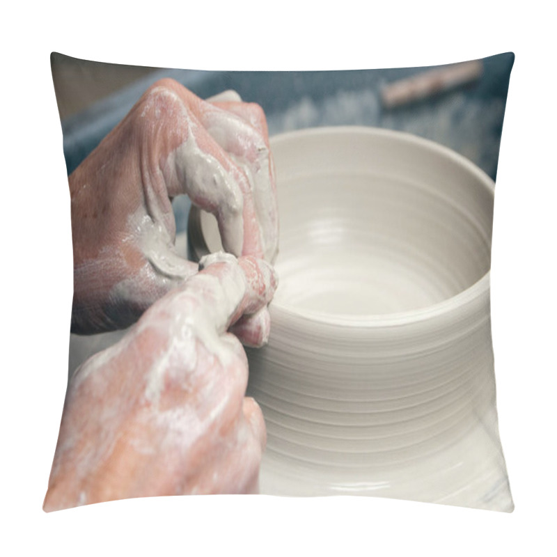 Personality  A Lady Ceramics Artist At Work In Her Home Pottery Studio, Throwing A Bowl On A Wheel Pillow Covers