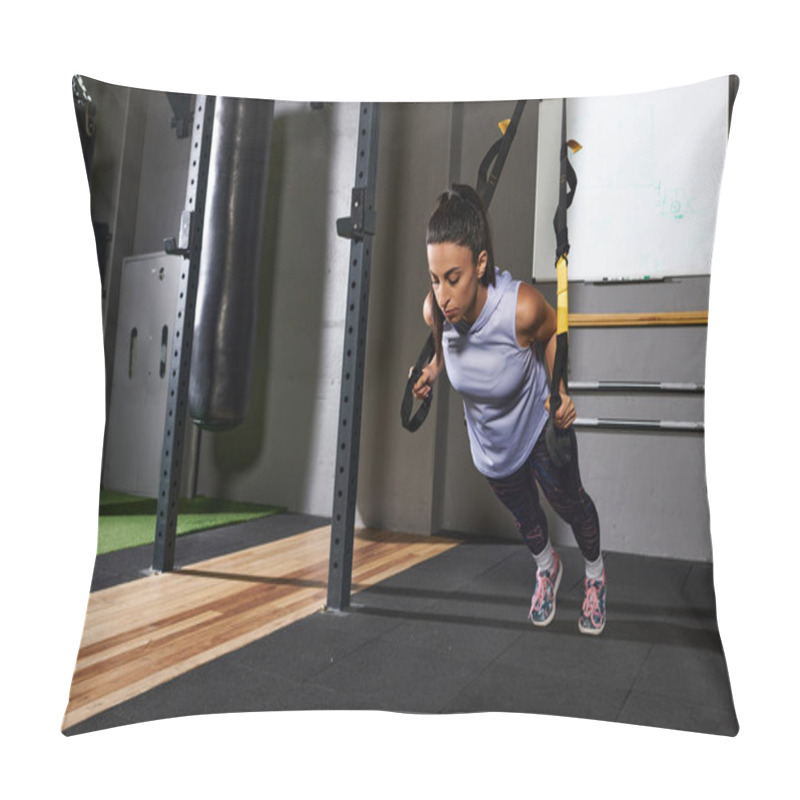 Personality  Intense Session Featuring An Woman Using Suspension Straps To Build Strength And Agility Pillow Covers