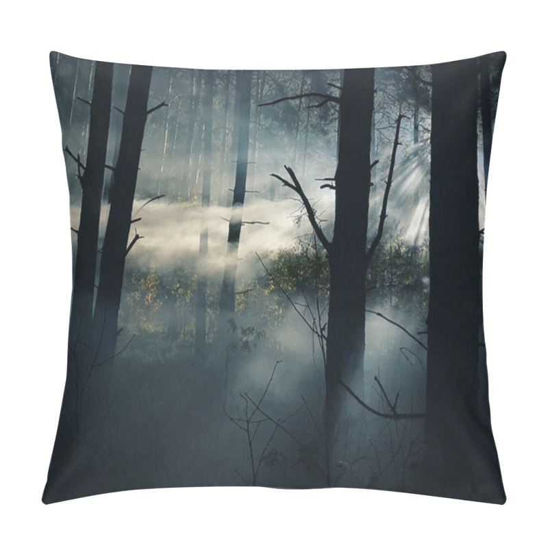 Personality  Foggy And Dark Woods At Night, Mystery Forest. Magical Saturated Foggy Forest Trees Landscape. Pillow Covers