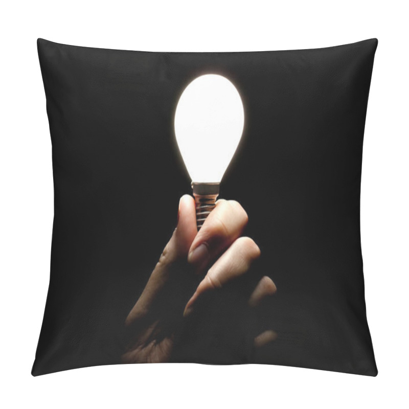 Personality  Lightbulb Held In Hand On Black Background Pillow Covers