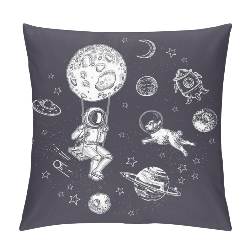 Personality  Rocket, Asteroids And The Moon. Circular Composition. Space Background Pillow Covers