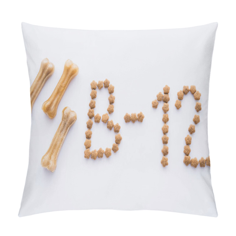 Personality  Top View Of Word Made Of Dry Pet Food Near Bone Shaped Treats On White Pillow Covers