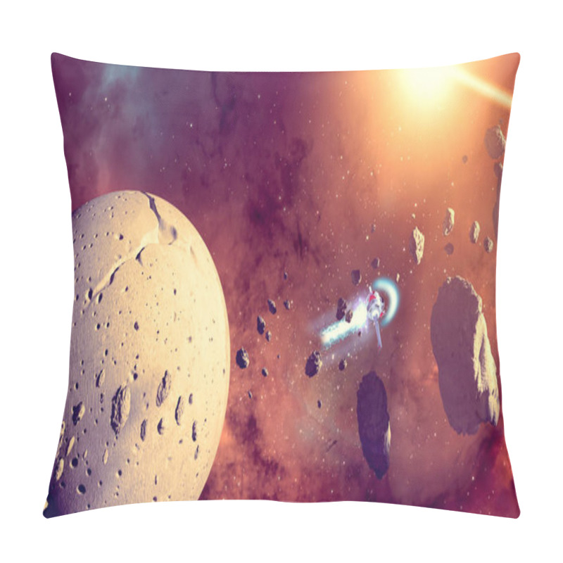 Personality  Spaceship Traveling Between Exoplanets Of Other Galaxies, Asteroids And Meteorites Around A Planet. Nebulae And Stars In Space. Conquest And Discovery Of New Worlds, Technology. Sci-fi. 3d Render Pillow Covers