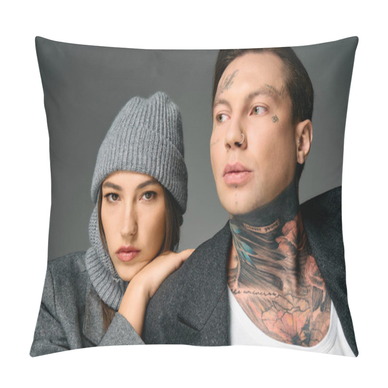 Personality  A Stylish Couple Flaunts Tattoos And Trendy Outfits In A Modern Setting. Pillow Covers