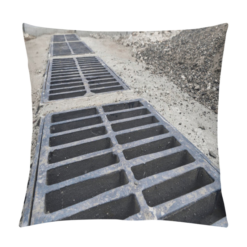 Personality  New Rainwater Grate On The Road Or Sidewalk, Installation In Concrete. City Sewage System For Draining Water During Heavy Rain Pillow Covers