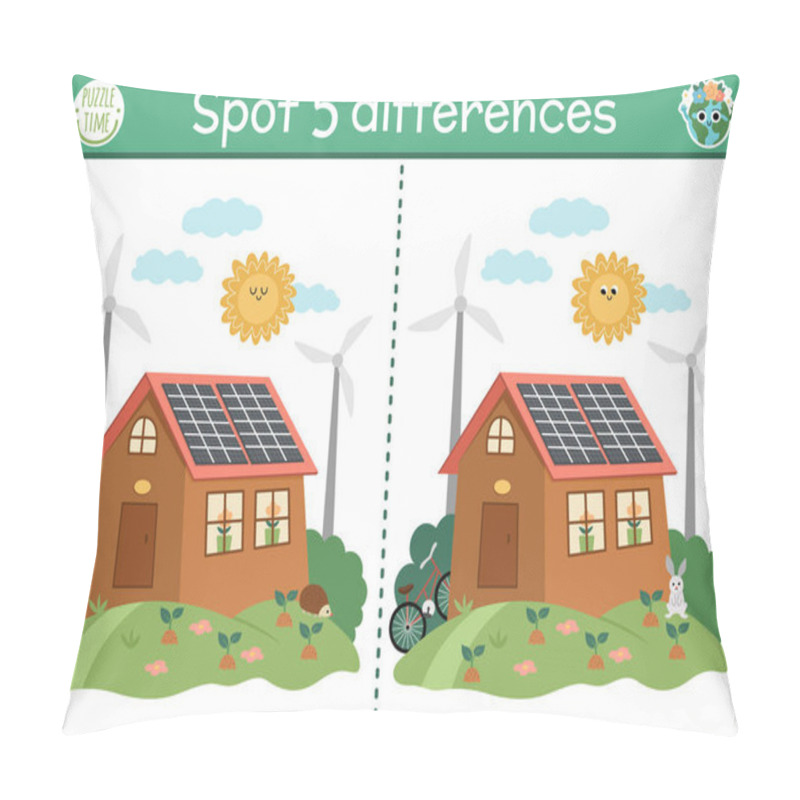 Personality  Find Differences Game For Children. Ecological Educational Activity With Cute House, Solar Panels, Wind Turbines. Earth Day Puzzle For Kids. Eco Awareness Or Zero Waste Printable Worksheet, Pag Pillow Covers