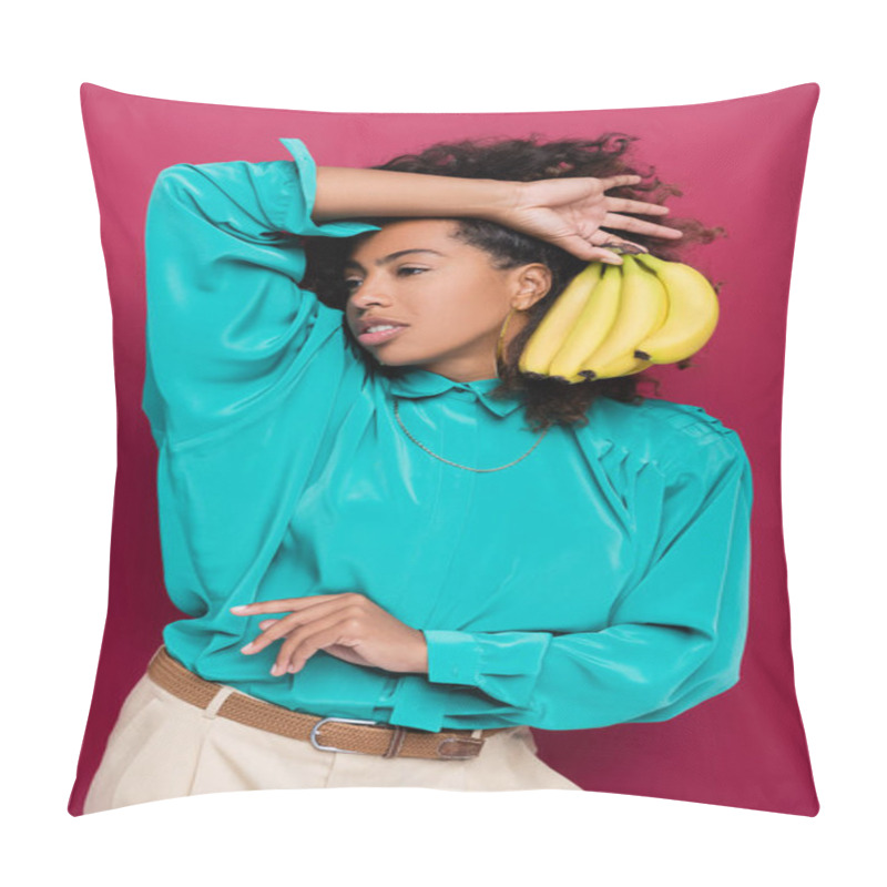 Personality  African American Woman In Turquoise Blouse Posing With Branch Of Bananas Isolated On Pink Pillow Covers