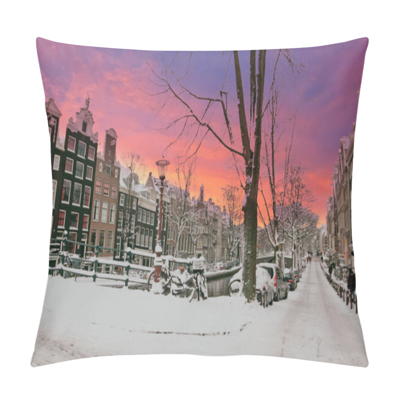 Personality  City Scenic From Snowy Amsterdam In The Netherlands At Sunset Pillow Covers