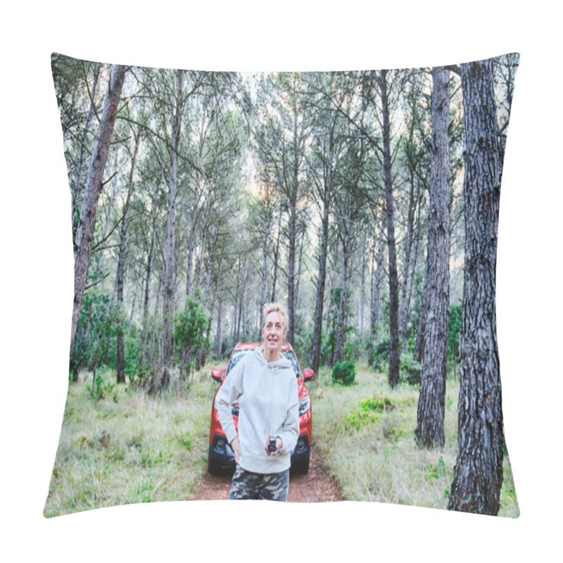 Personality  Car And Young Adult Caucasian Woman Lost In Wooded Area Trying To Orient Herself At Dusk. Travels Concept. Ayegui, Navarre, Spain, Europe. Pillow Covers