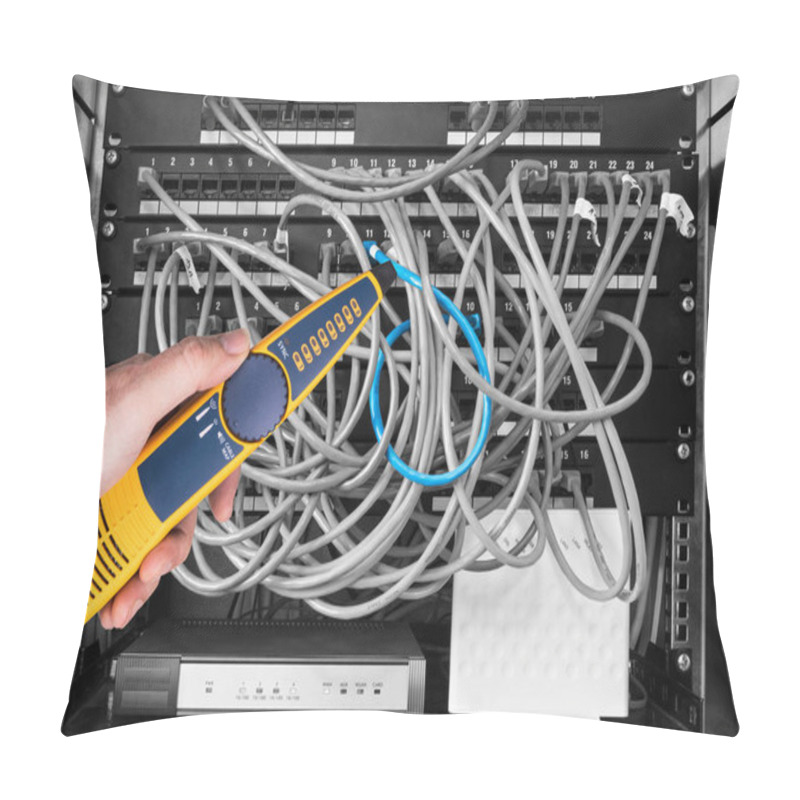 Personality  Network Cable Tester Detail. Measuring Probe In Hand Of Expert On Black And White Background Pillow Covers