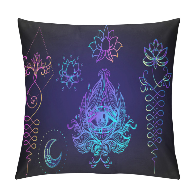 Personality  Sacred Geometry And Boo Symbol Set. Ayurveda Sign Of Harmony And Balance. Tattoo Design, Yoga. Poster, T-shirt Textile. Colorful Gradient Over Black. Astrology, Esoteric, Religion. Pillow Covers