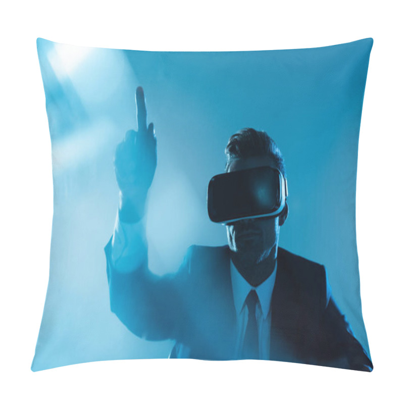 Personality  Businessman In Virtual Reality Headset Pointing On Something Isolated On Blue, Artificial Intelligence Concept Pillow Covers