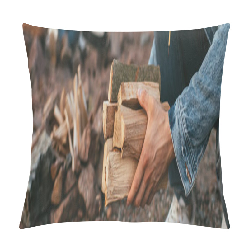 Personality  Panoramic Shot Of Man In Denim Jacket Holding Firewood In Hands Pillow Covers