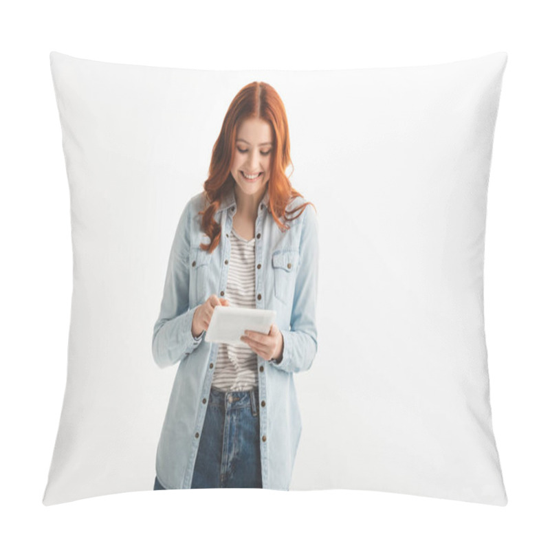 Personality  Beautiful Smiling Teenager Using Digital Tablet, Isolated On White Pillow Covers