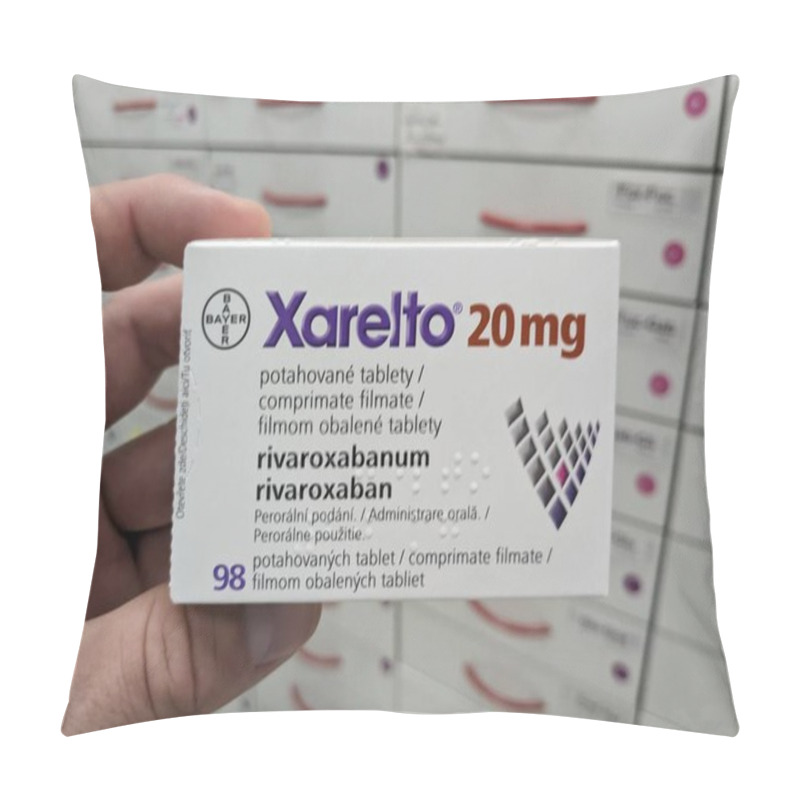 Personality  Prague, Czech Republic-August 15 2024: XARELTO Box Of Tablets With RIVAROXABAN Active Substance, Used For The Prevention And Treatment Of Blood Clots And Stroke. Pillow Covers