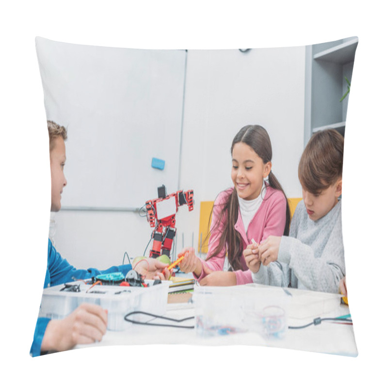 Personality  Classmates Sitting At Table, Talking And Working Together On Project During STEM Lesson Pillow Covers