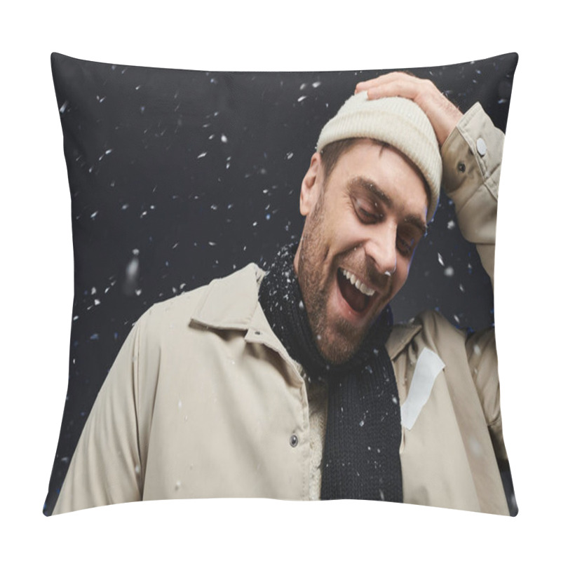 Personality  A Handsome Young Man Smiles Widely While Snowflakes Fall Gently Around Him During Winter. Pillow Covers