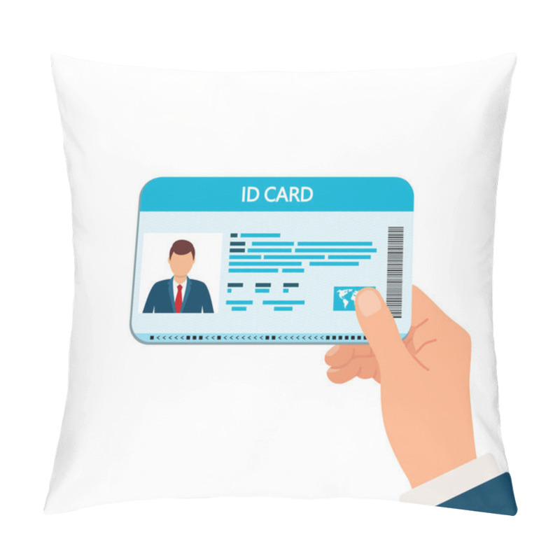 Personality  Hand Holding The ID Card. Personal Identity With Photo Of Business Man. Man Shows The Identification Card. Vector Pillow Covers