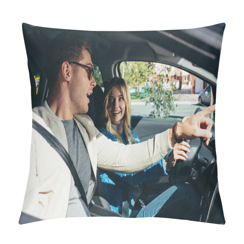 Personality  Side View Of Man Pointing Way To Girlfriend On Drivers Seat In Car Pillow Covers