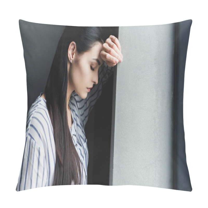 Personality  Side View Of Depressed Young Woman Leaning On Wall With Closed Eyes Pillow Covers