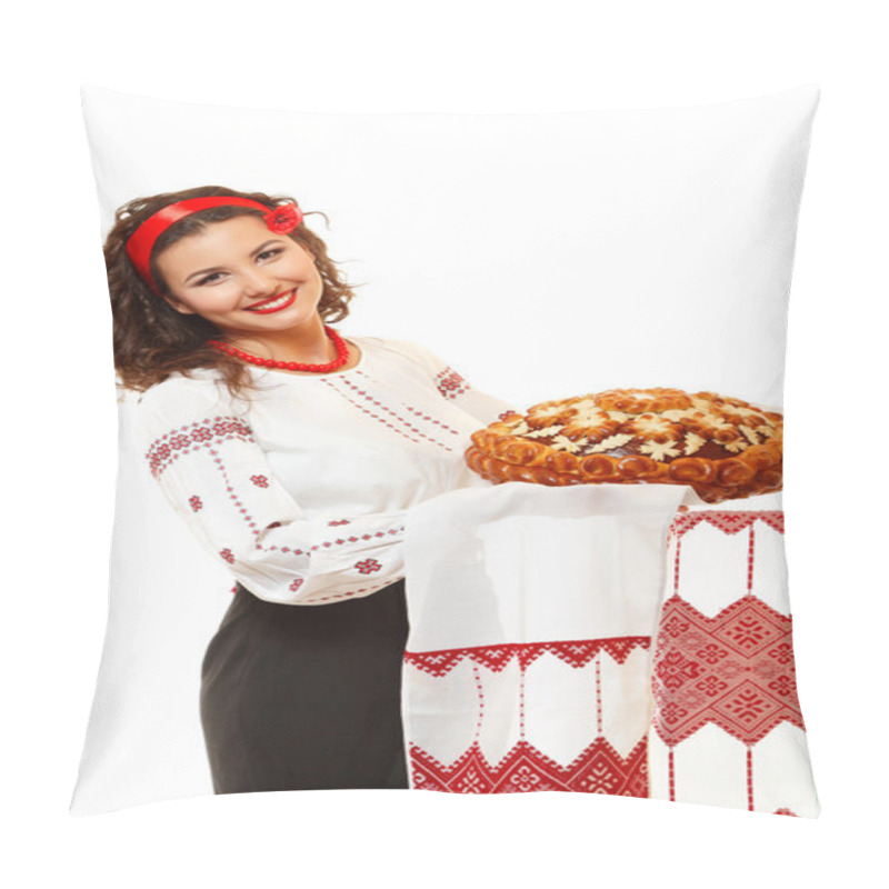 Personality  Beautiful ukrainian young hospitable woman in native costume pillow covers