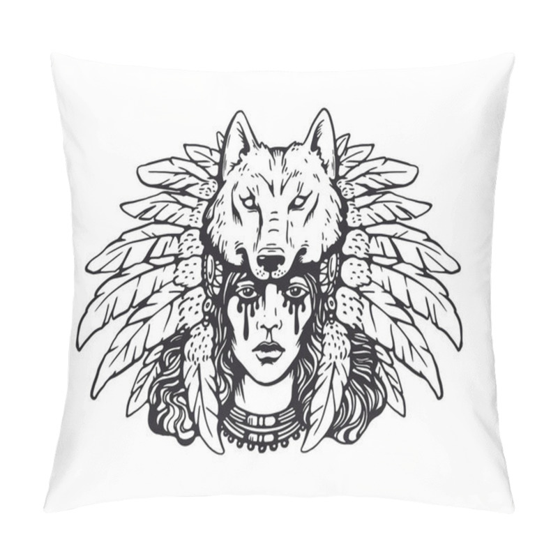 Personality  Pretty Cowgirl In Headdress Decorated Wolf Head And Feathers, Black Tears And Ethnic Decorations. American Gothic Engraved Design. Wild West Style. Vintage Western Grunge Vector Illustration Ink Style Pillow Covers