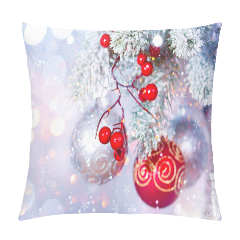 Personality  Christmas Decoration Balls With Fir Branches Against Blurred Silver Background Pillow Covers