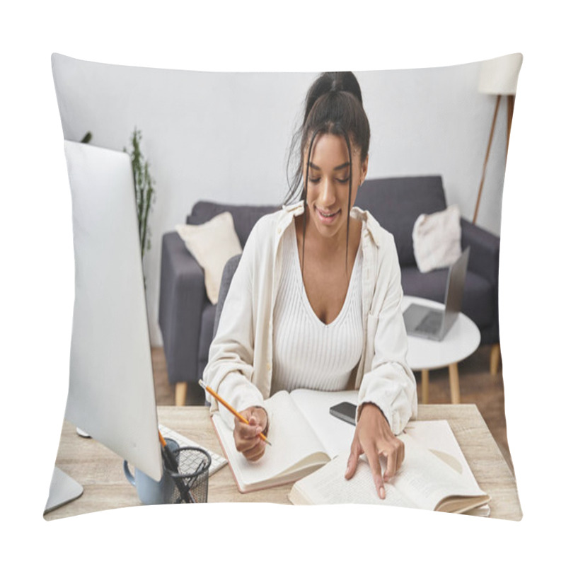 Personality  A Young Beautiful Woman Studies Diligently At Home, Focused On Her Books And Laptop. Pillow Covers