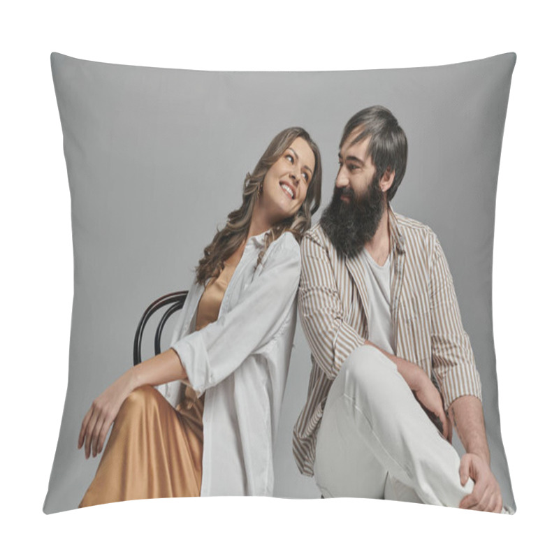 Personality  A Loving Couple Dressed In Sophisticated Attire Pose Together In A Studio Setting. Pillow Covers