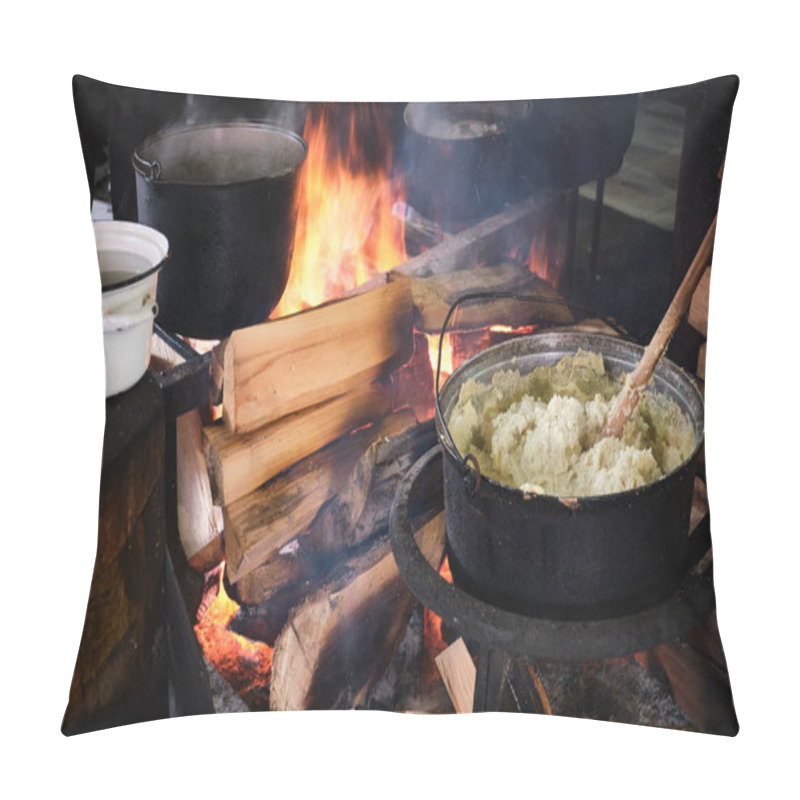 Personality  Traditional Georgian Food, Hominy (mamaliga) Is Cooked In The Large Cooking Pot On Fire Pillow Covers