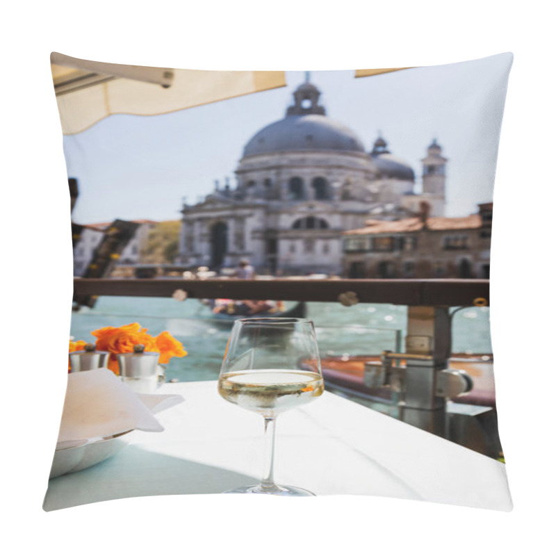 Personality  Selective Focus Of Wine Glass On Table And Santa Maria Della Salute Church On Background  Pillow Covers