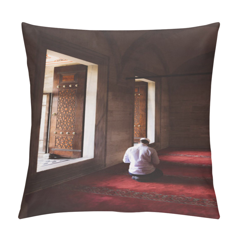 Personality  Islamic Photo. Muslim Turkish Man Praying In The Mosque. Ramadan Or Islamic Concept Background. Istanbul Turkiye - 7.28.2023 Pillow Covers