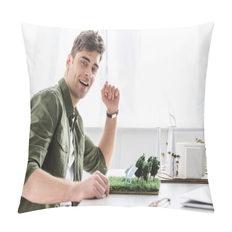 Personality  Architect Sitting At Table With Trees, Grass, Windmills, Buildings And Solar Panels Models In Office Pillow Covers