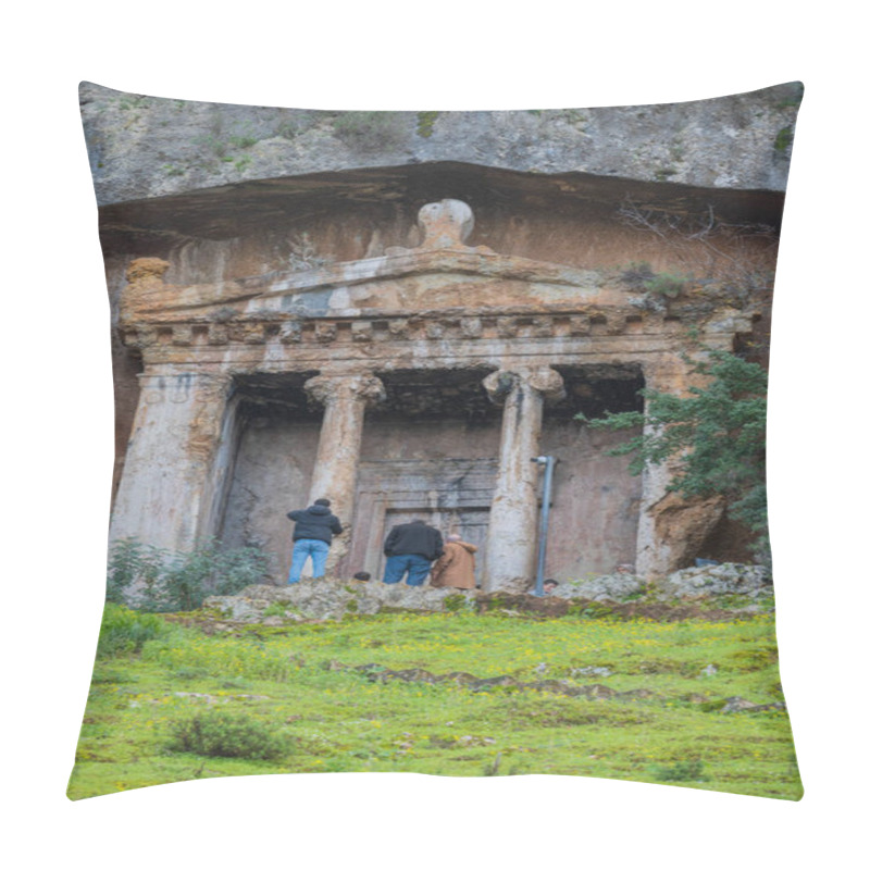 Personality  Travelers Exploring Fethiyes Ancient Sites Are Captivated By The Impressive Scale And Detail Of This Legendary Lycian Rock Tomb. Pillow Covers