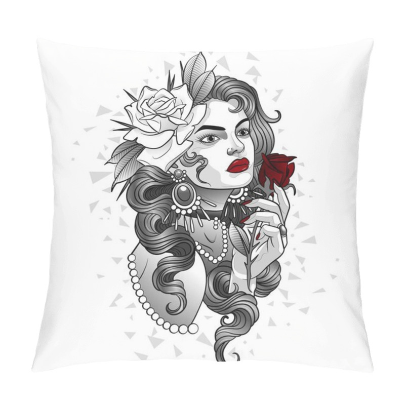 Personality  Beautiful Girl With A Bright Red Rose In Her Hand Pillow Covers