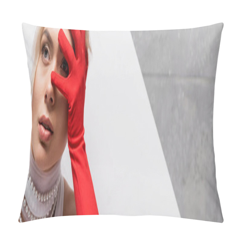 Personality  Panoramic Shot Of Stylish Woman In Red Glove Covering Face On White And Grey  Pillow Covers