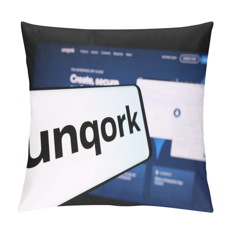 Personality  Stuttgart, Germany - 08-25-2024: Smartphone With Logo Of American Enterprise Application Platform Company Unqork Inc. In Front Of Website. Focus On Center Of Phone Display. Pillow Covers