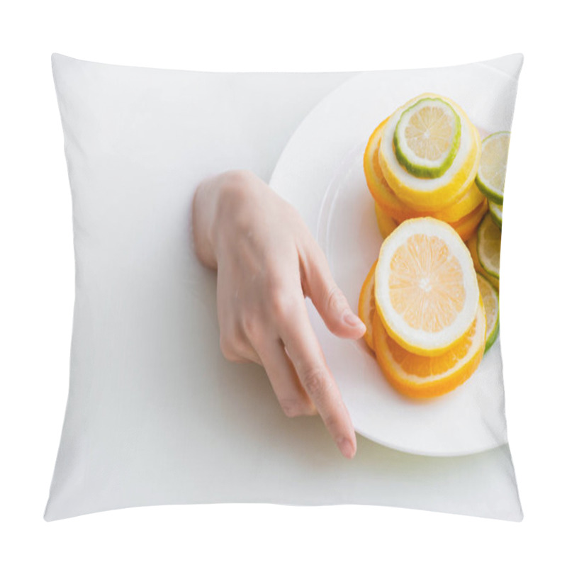 Personality  Partial View Of Female Hand In Milk Bath Near Plate With Sliced Lemon, Lime And Orange Pillow Covers