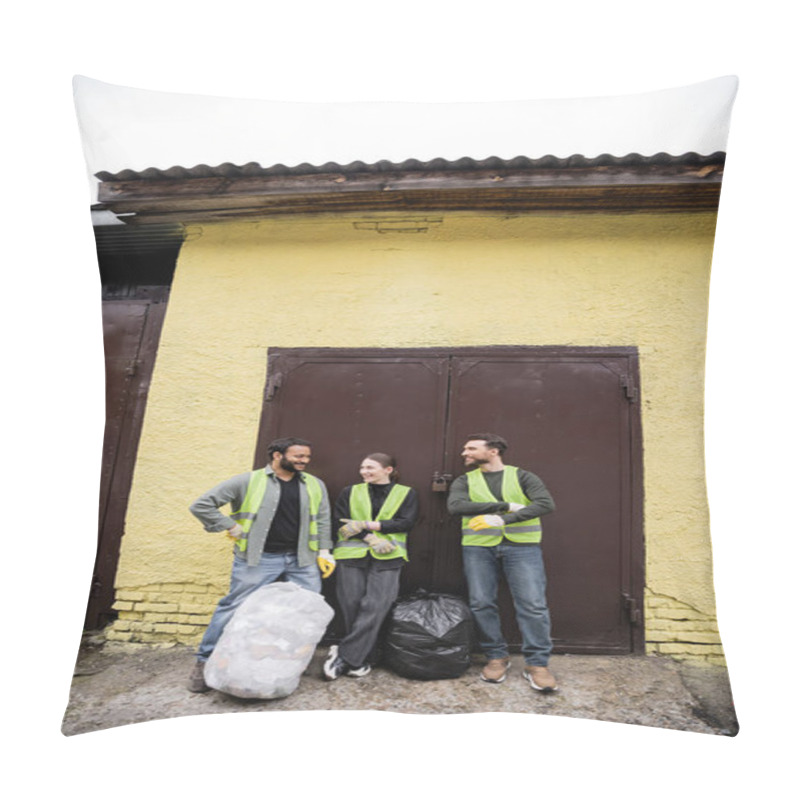 Personality  Positive Multiethnic Workers In Safety Vests And Gloves Talking While Standing Near Trash Bags And Door Of Waste Disposal Station Outdoors, Garbage Sorting And Recycling Concept Pillow Covers