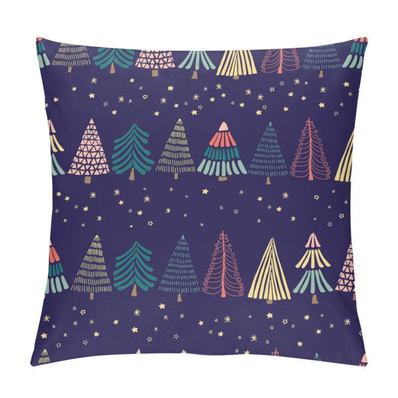 Personality  Modern Abstract Doodle Christmas Trees In A Row And Stars On A Dark Blue Background. Seamless Vector Pattern. Great For Christmas - Perfect For Holiday Cards, Wrapping Paper, And Fabric Pillow Covers