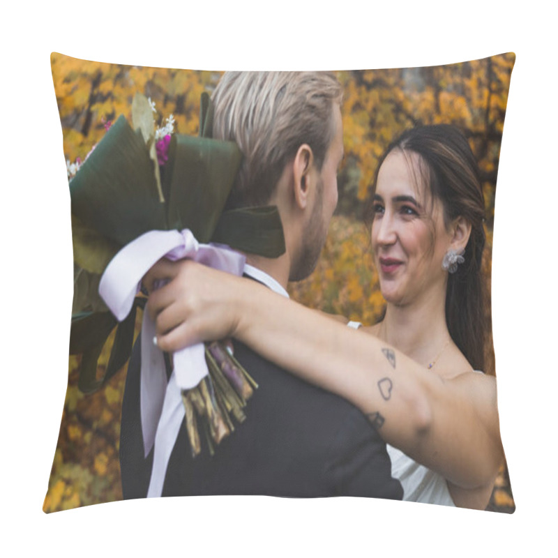 Personality  Autumn Wedding. Closeup Portrait Of Proud Smiling Turkish Long-haired Woman Cuddling Her Scandinavian Spouse And Looking Him Straight Into The Eyes. Beautiful Orange Leaves In The Blurred Background Pillow Covers