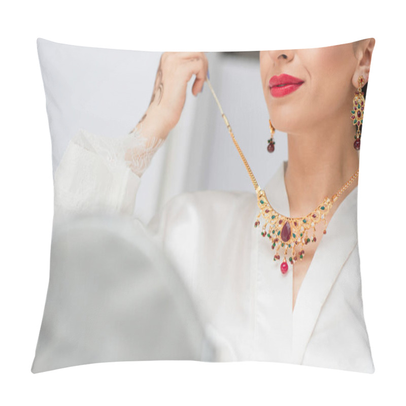 Personality  Cropped View Of Young Indian Bride Wearing Necklace On White Pillow Covers