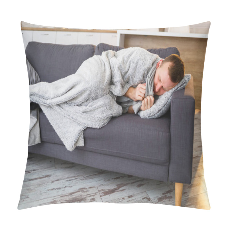 Personality  Young Man With Flu, Sitting On The Couch At Home, Wrapped In A Blanket. Pillow Covers