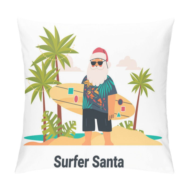 Personality  Surfer Santa On Beach With Surfboard Tropical Shirt Palm Trees Sandy Shore Summer Holiday Theme Vector Illustration. Pillow Covers