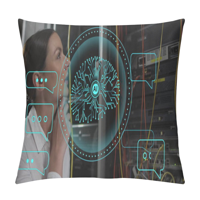 Personality  Image Of Ai Scanner Brain Network And Chat Icons Over Caucasian Female Server Technician. Data, Digital Interface, Connection, Communication And Artificial Intelligence, Digitally Generated Image. Pillow Covers