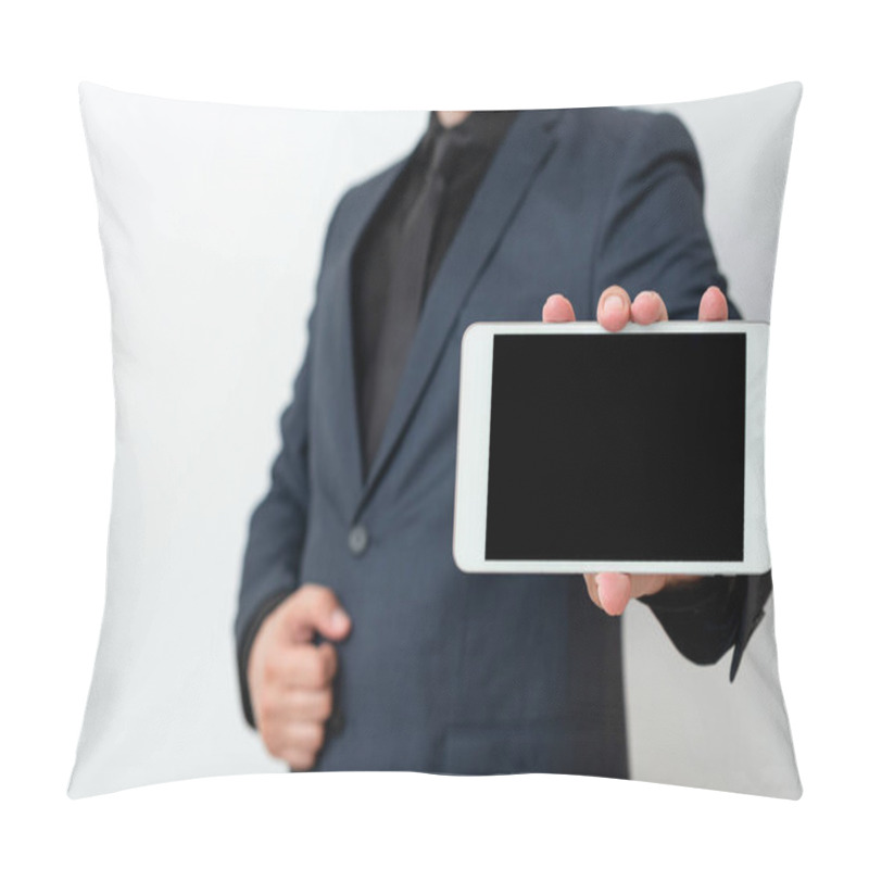 Personality  Model Wearing Bussiness Corporate Attire Illustrating Different Angle Shots Holding Empty Copy-Space Of Notebook Paper Accessories And Modern Gadget Pillow Covers